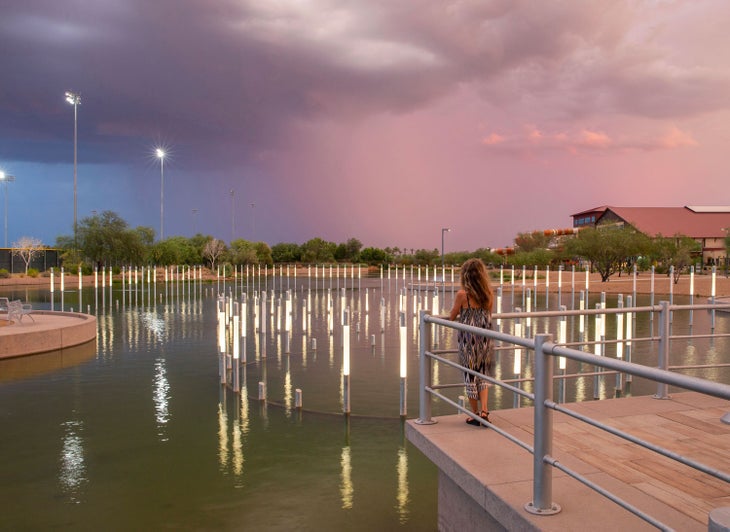 At sunset as the USS Arizona Memorial Gardens light up at Salt River