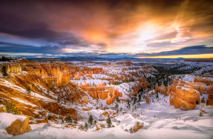 Bryce-dawn-snow-winter_Tam19ChristineKenyon_700 Bryce Canyon National Park in winter with snow covering the hoodoos