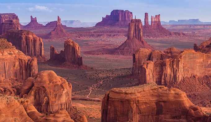 Monument-Valley-view-from-Hunts-Mesa_shutterstock_680 View from Hunts Mesa in Monument Valley at the Arizona-Utah border.