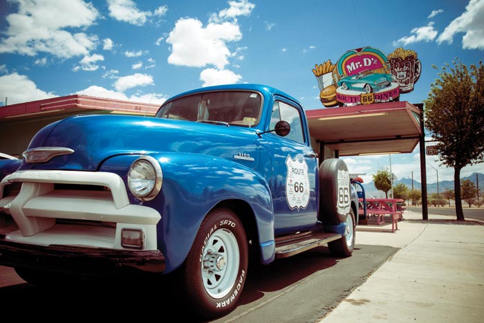 Mr D'z and an old pickup on Route 66 in Kingman, Ariz.