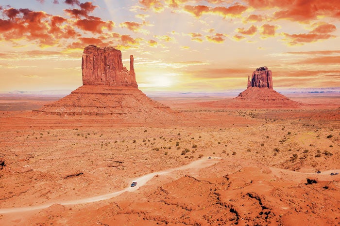 MonumentValley-MittenButtes-Sunset_DP_700 The West and East Mitten buttes in Monument Valley