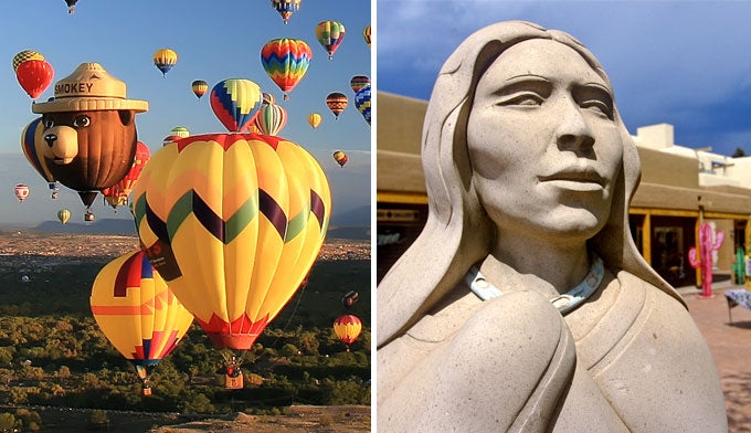 NM-Albuq-vs-SantaFe-composite_Adobe_680 Albuquerque hot air balloons, Santa Fe sculpture