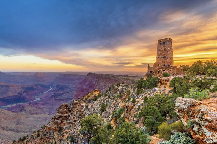 The sunrise behind Desert View Watchtower at Grand Canyon National Park