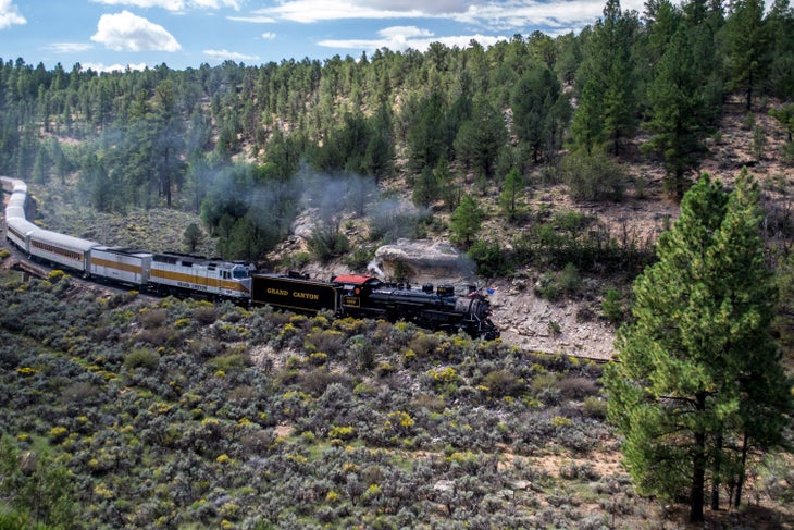 The 4960 steam engine on the Grand Canyon Railway is dubbed the French Fry Express because it runs on recyled vegetable oil.