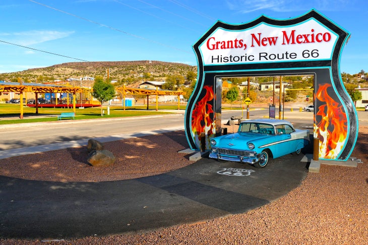 Route 66 drive-thru neon arch in Grants, N.M.